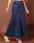 Solid Blue Denim Mermaid Flared Maxi Skirts