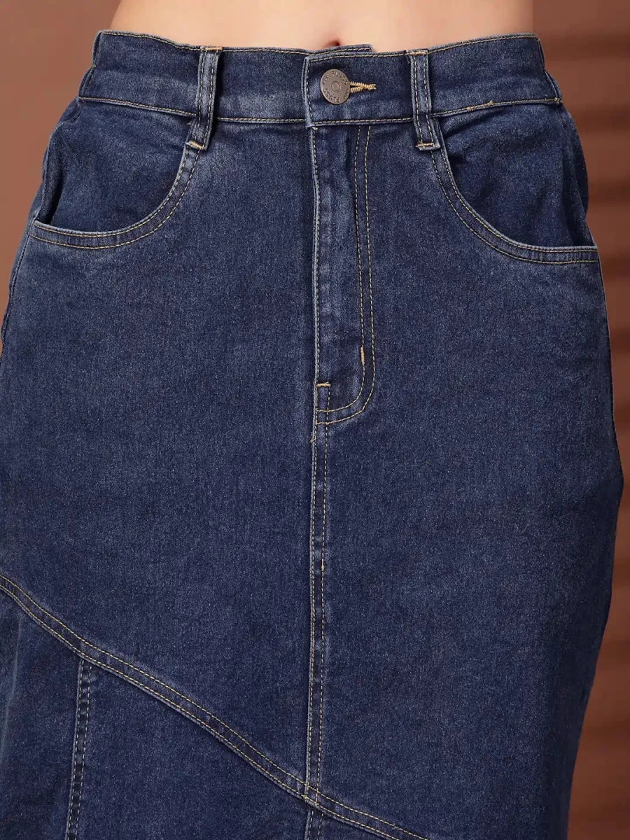 Solid Blue Denim Mermaid Flared Maxi Skirts