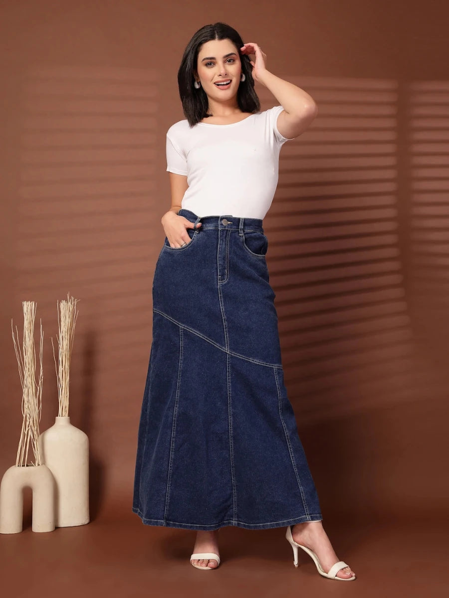 Solid Blue Denim Mermaid Flared Maxi Skirts