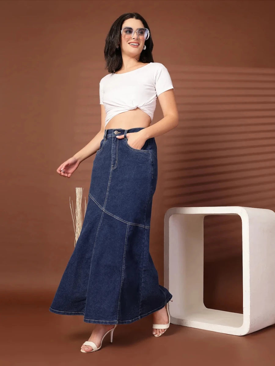 Solid Blue Denim Mermaid Flared Maxi Skirts