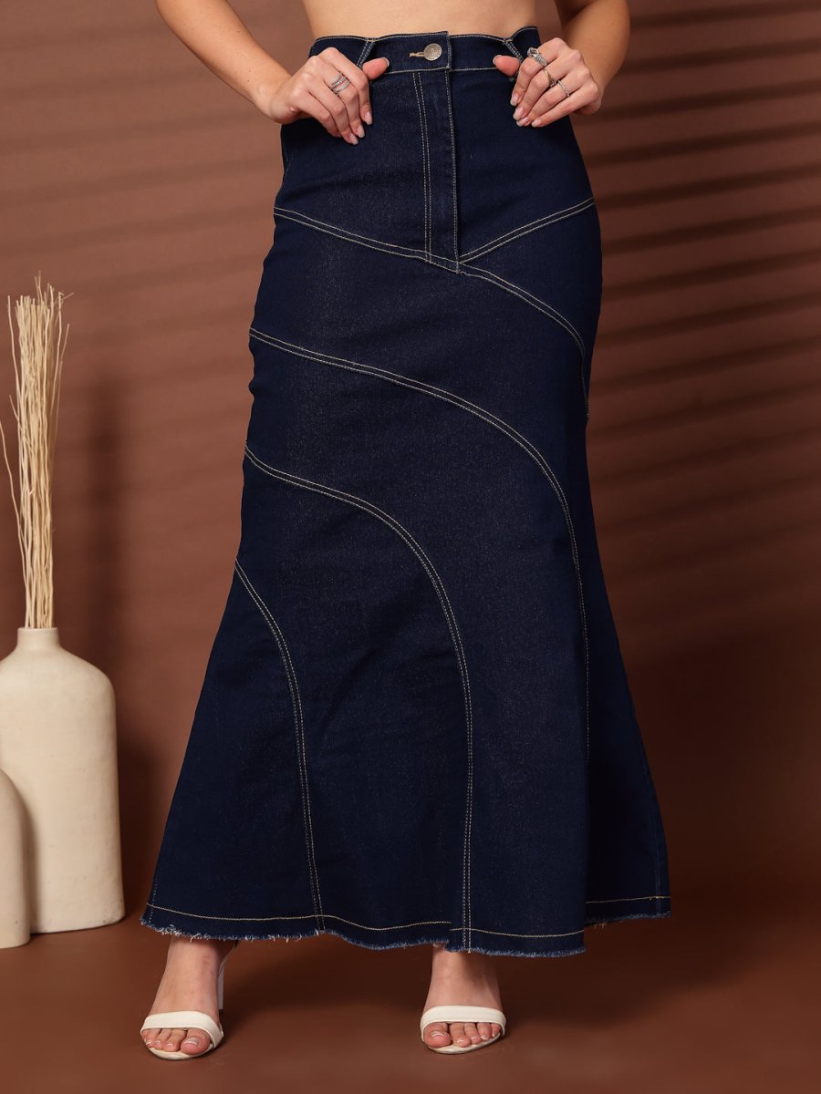 Solid Blue Denim Mermaid Cut Maxi Skirts
