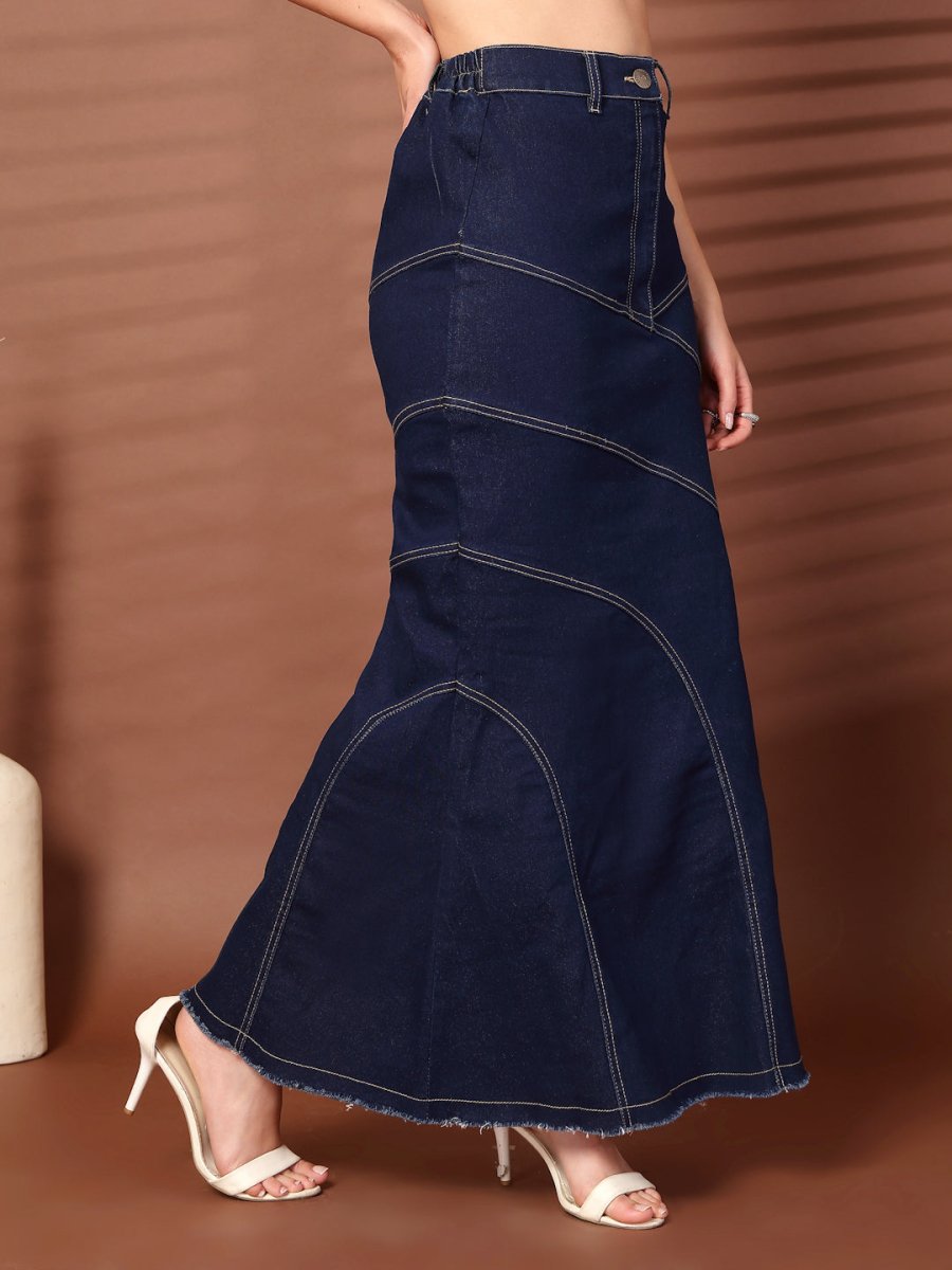 Solid Blue Denim Mermaid Cut Maxi Skirts