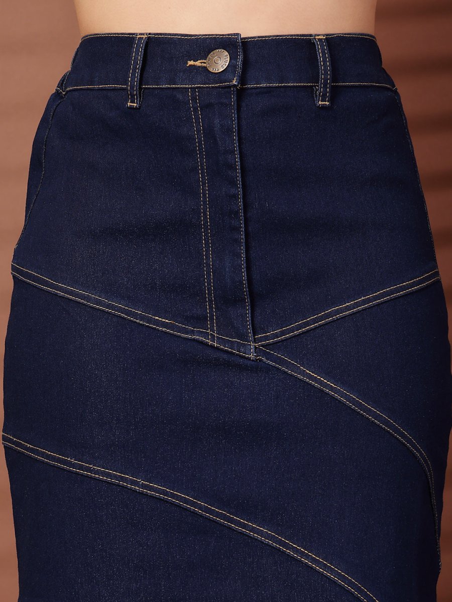 Solid Blue Denim Mermaid Cut Maxi Skirts