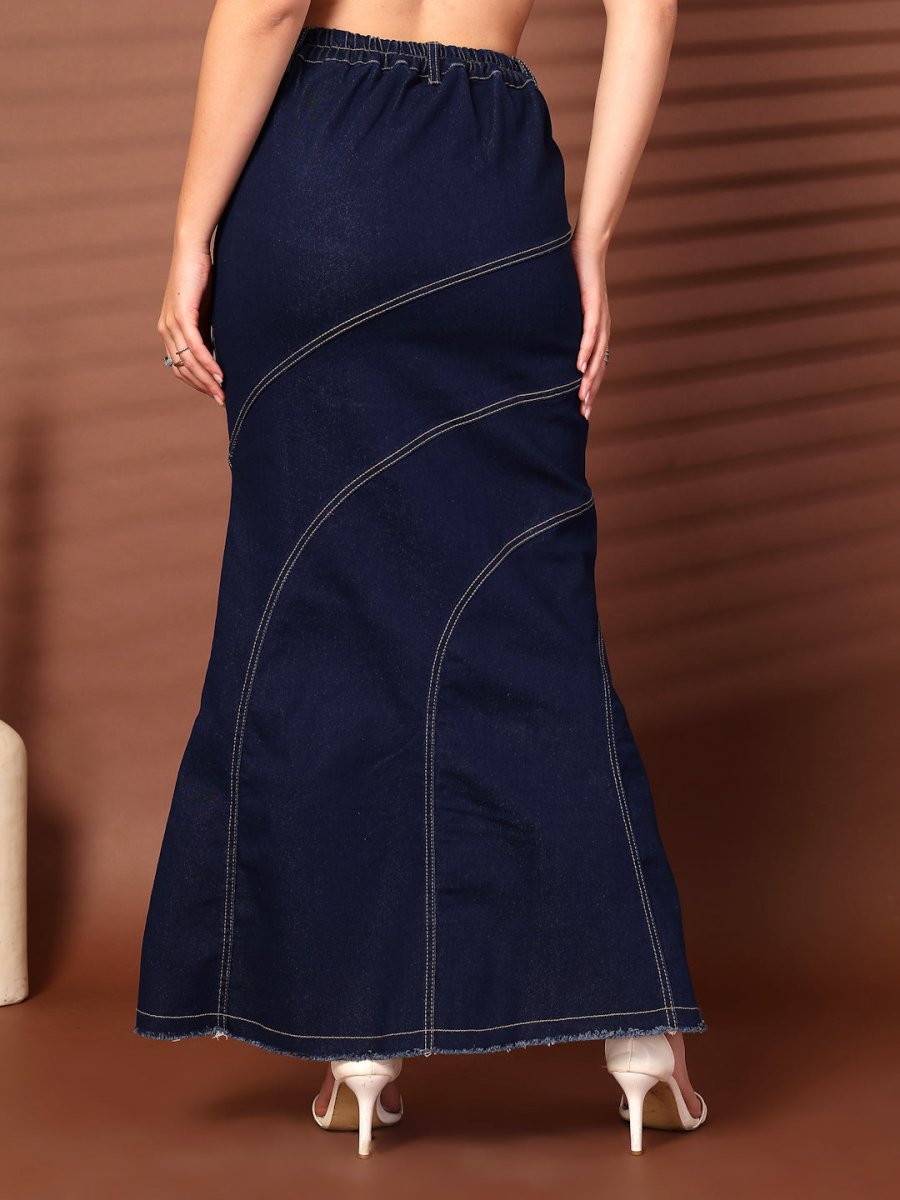 Solid Blue Denim Mermaid Cut Maxi Skirts