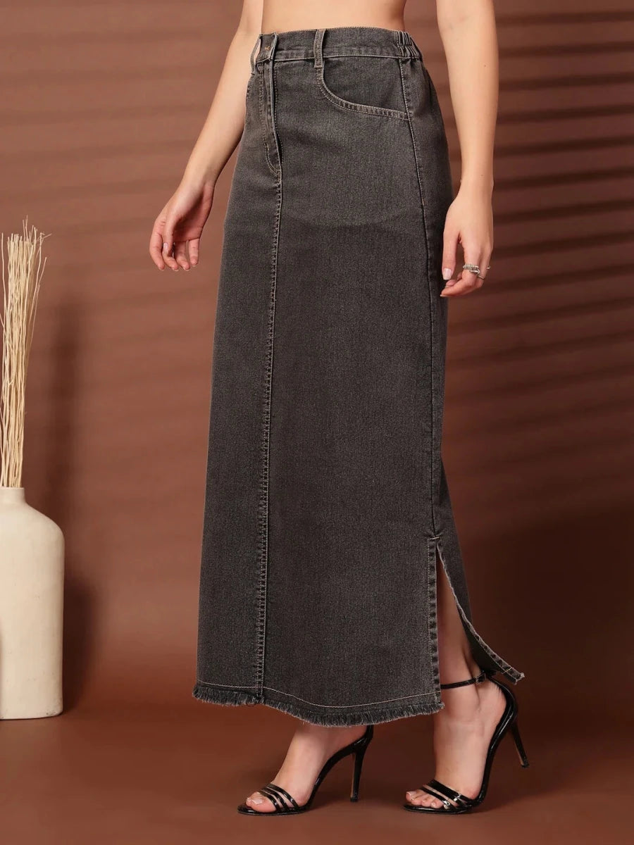Black Denim A-Line Midi Skirts