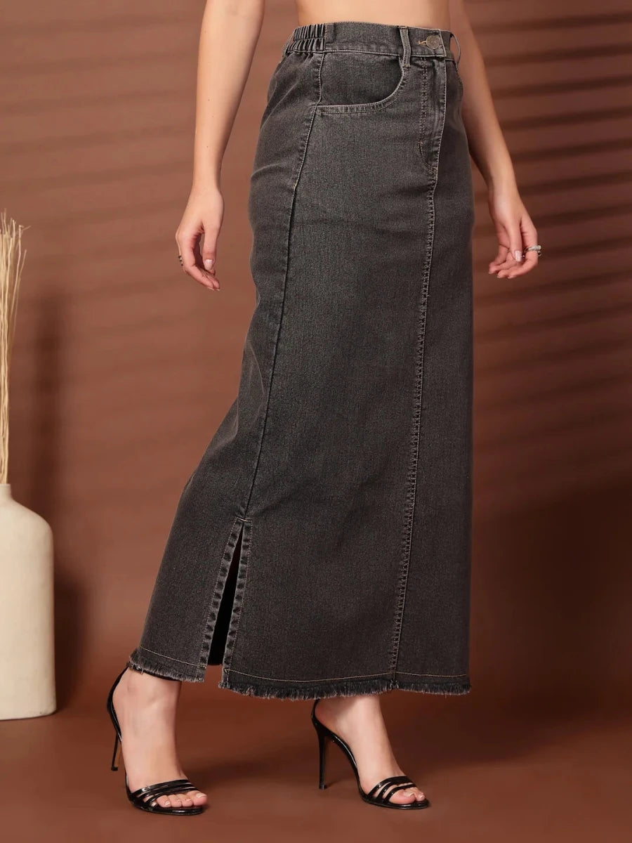 Black Denim A-Line Midi Skirts