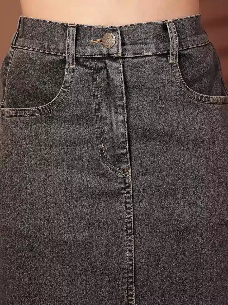 Black Denim A-Line Midi Skirts