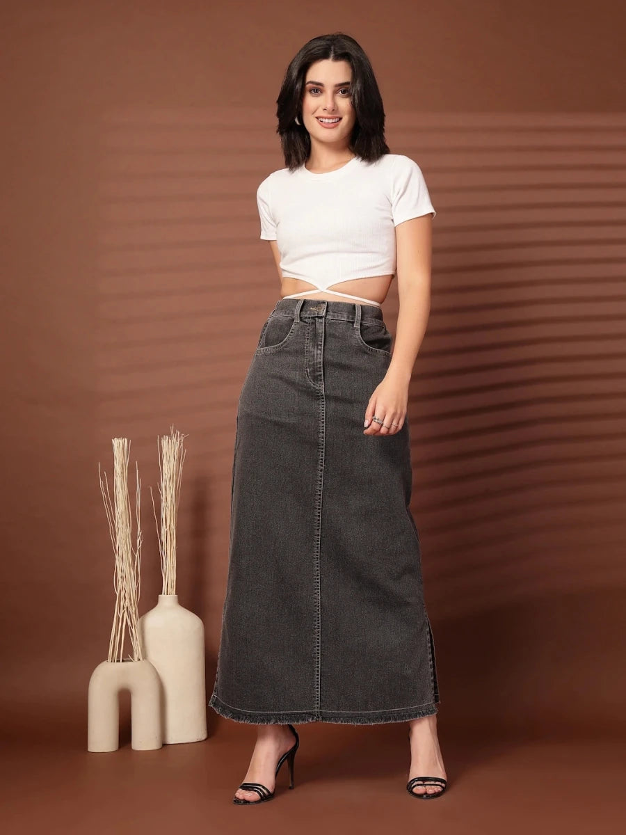 Black Denim A-Line Midi Skirts