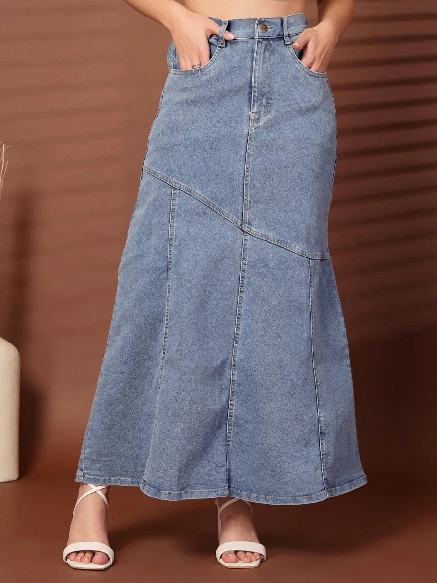 Solid Light Blue Mermaid Flared Maxi Skirts