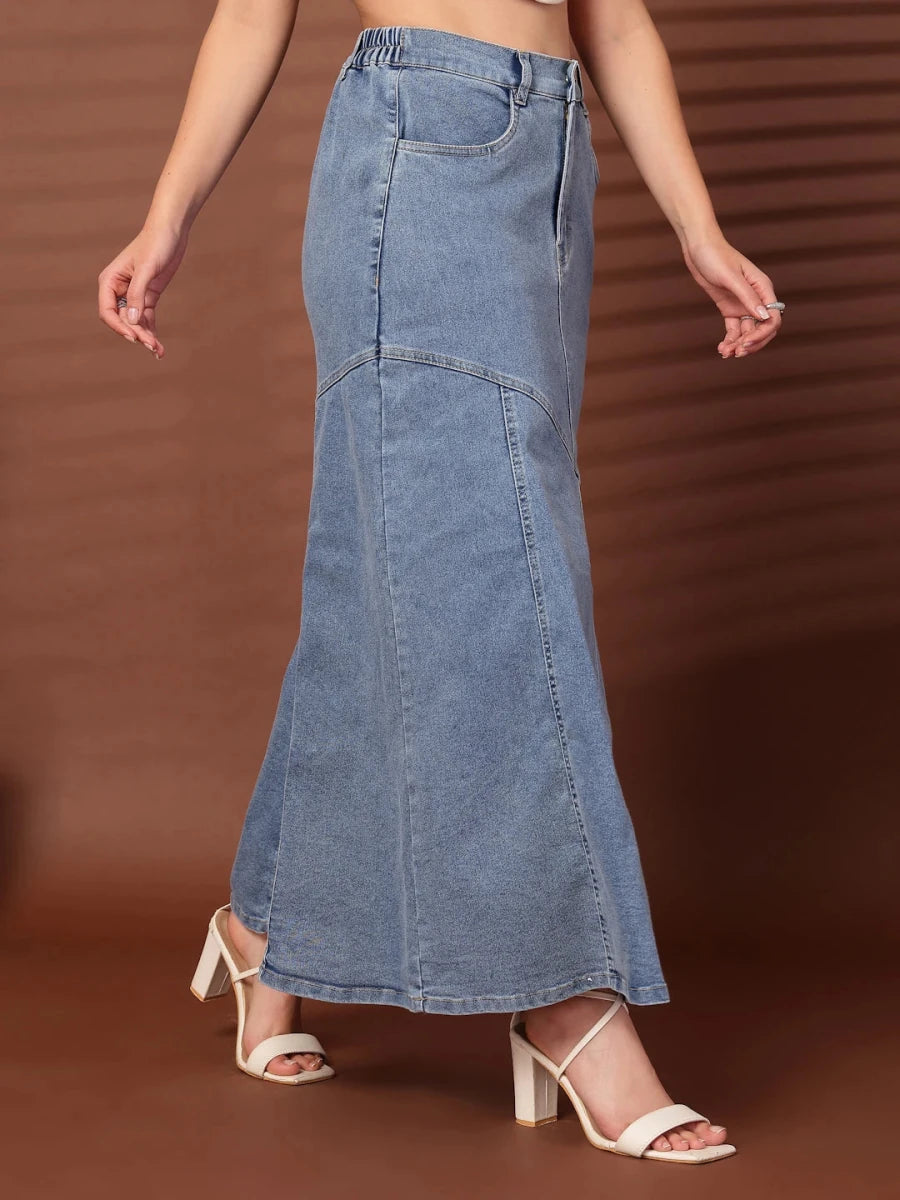 Solid Light Blue Mermaid Flared Maxi Skirts