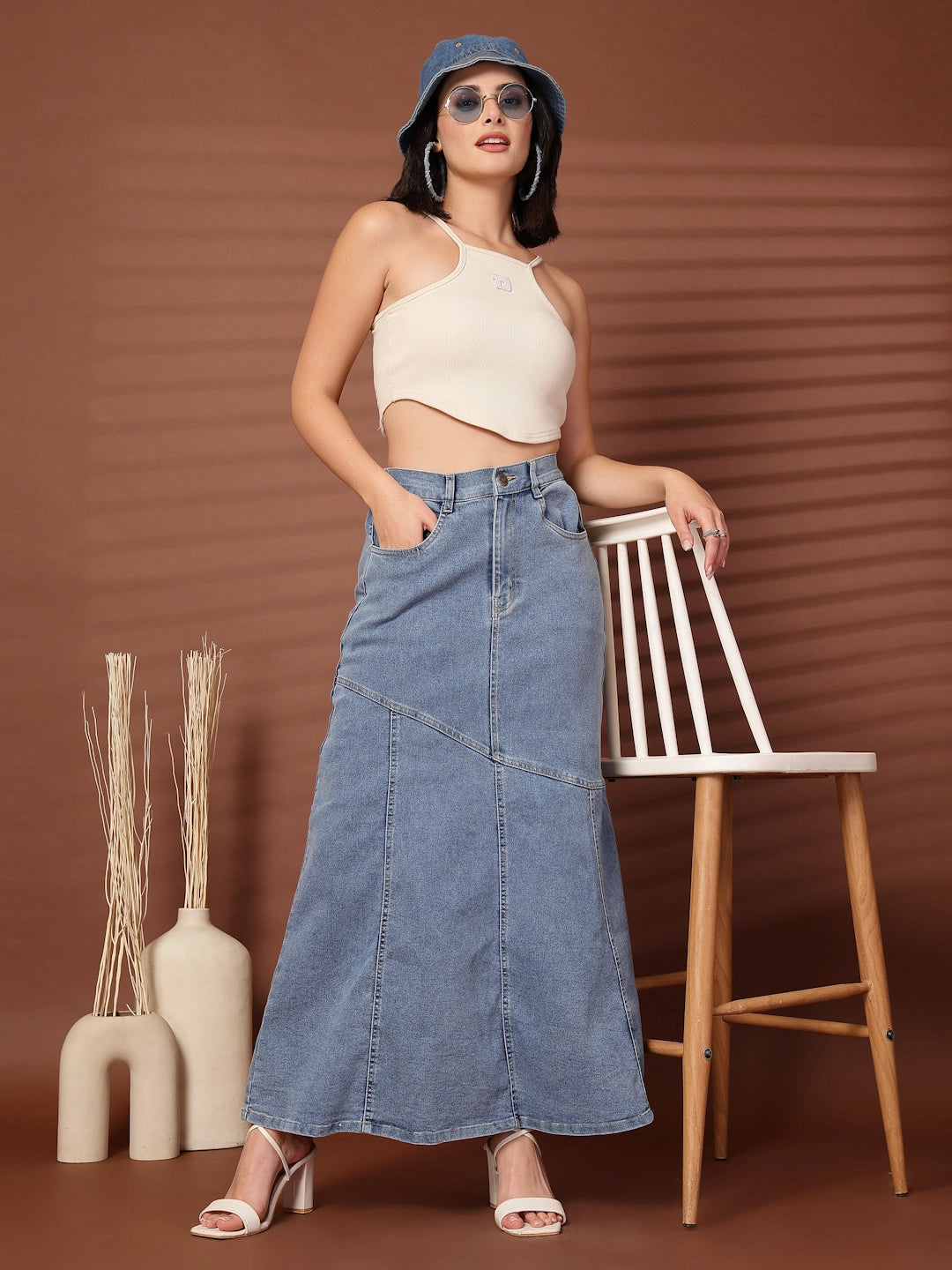 Solid Light Blue Mermaid Flared Maxi Skirts
