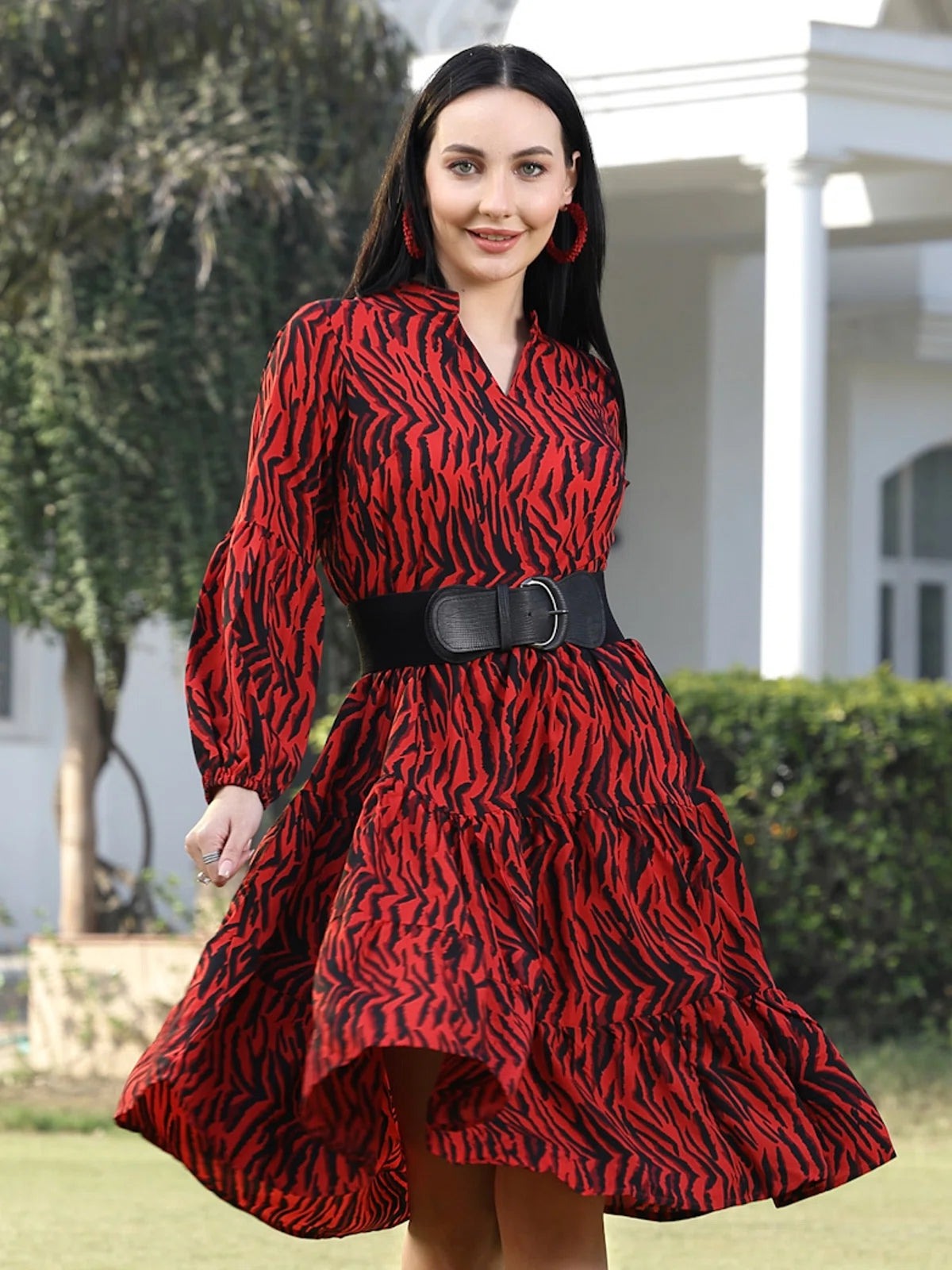 Print Puff Sleeve Fit &amp; Flare Dress