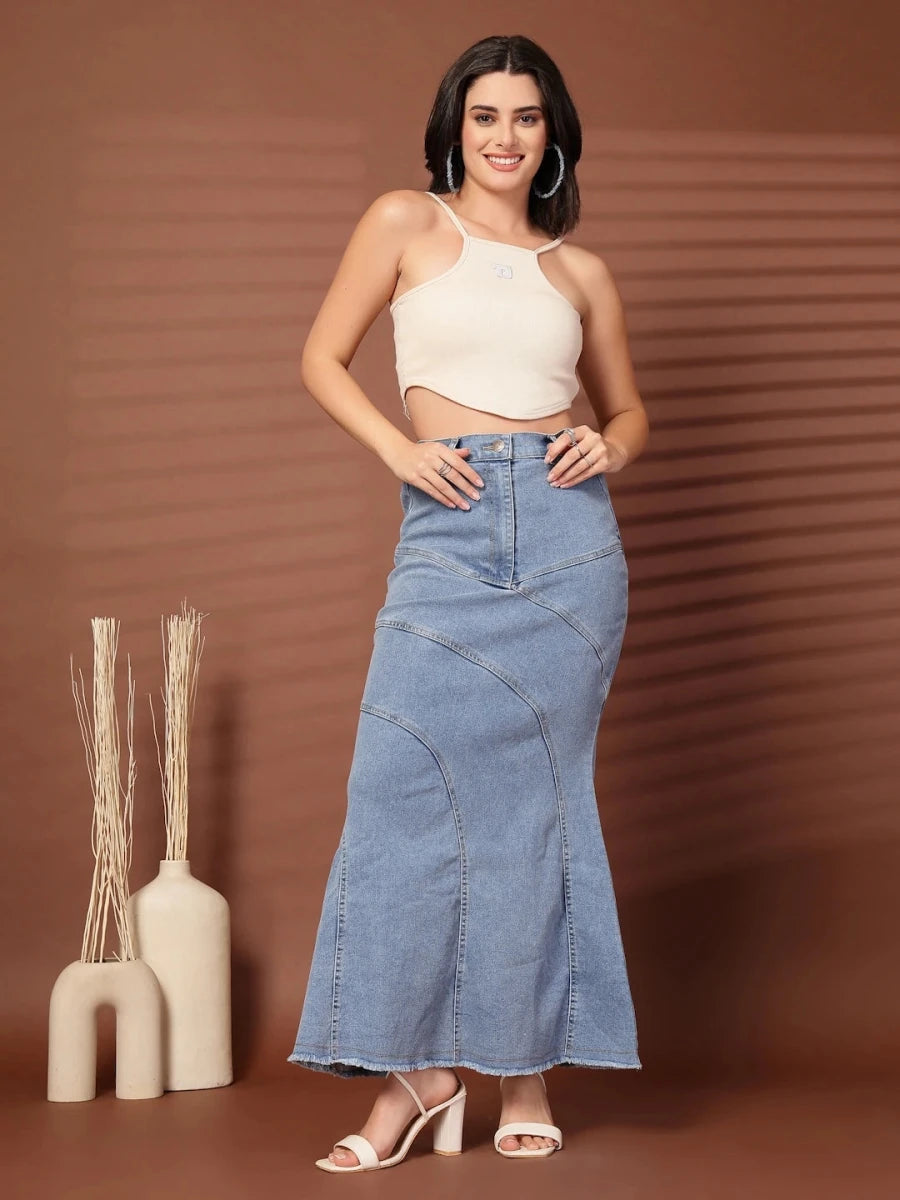 Solid Light Blue Mermaid Cut Maxi Skirts