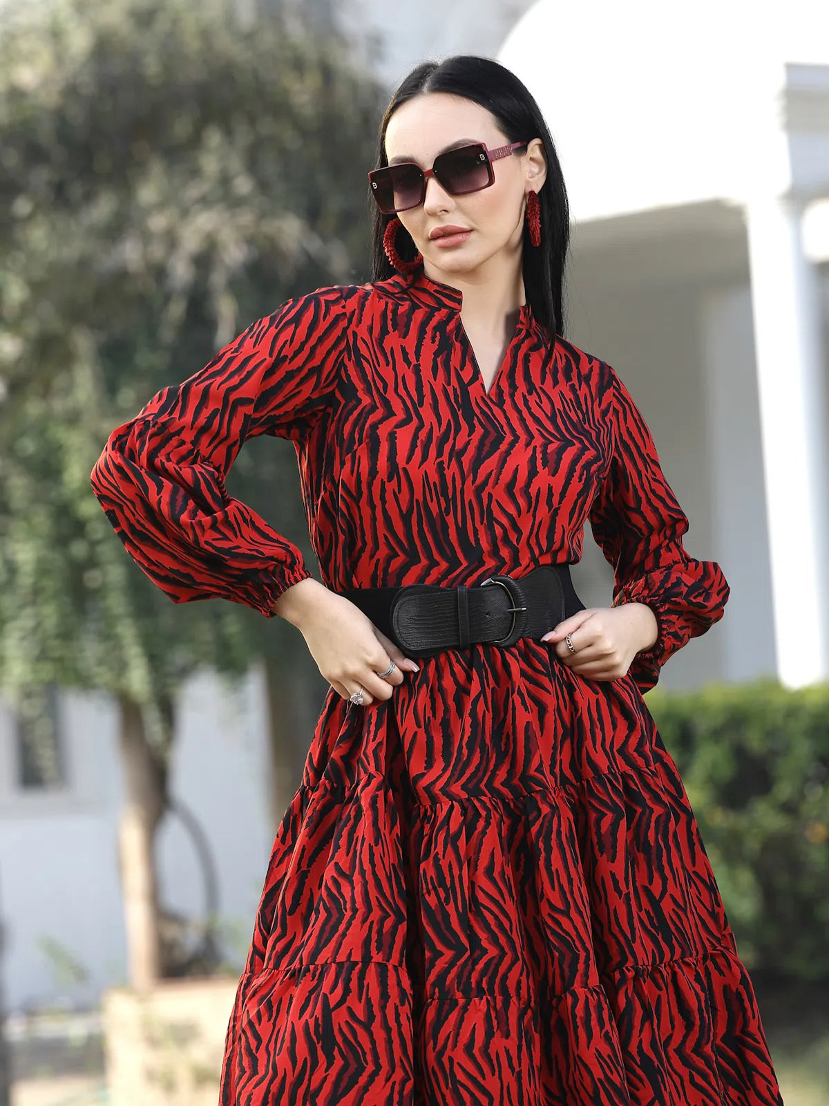 Print Puff Sleeve Fit &amp; Flare Dress