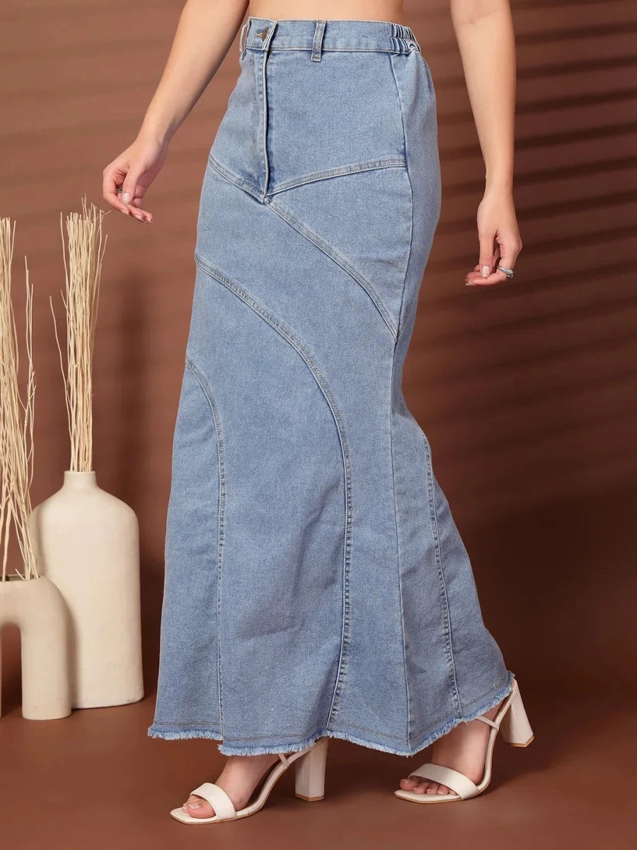 Solid Light Blue Mermaid Cut Maxi Skirts