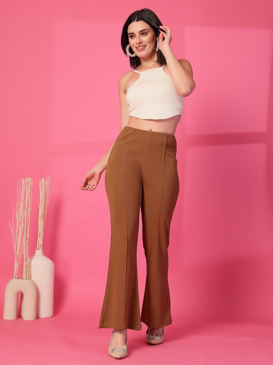 Brown Solid Pleated Trousers