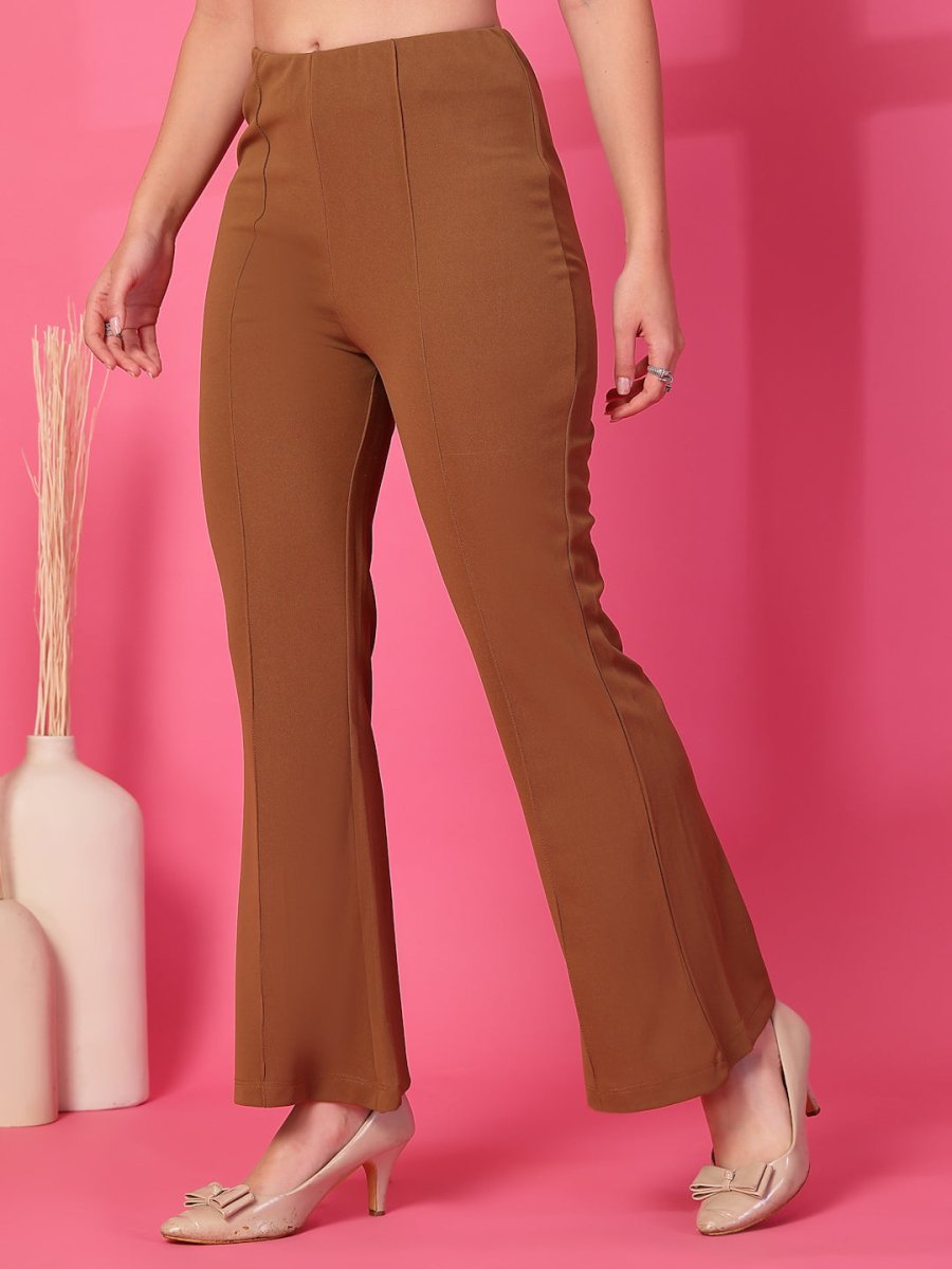 Brown Solid Pleated Trousers
