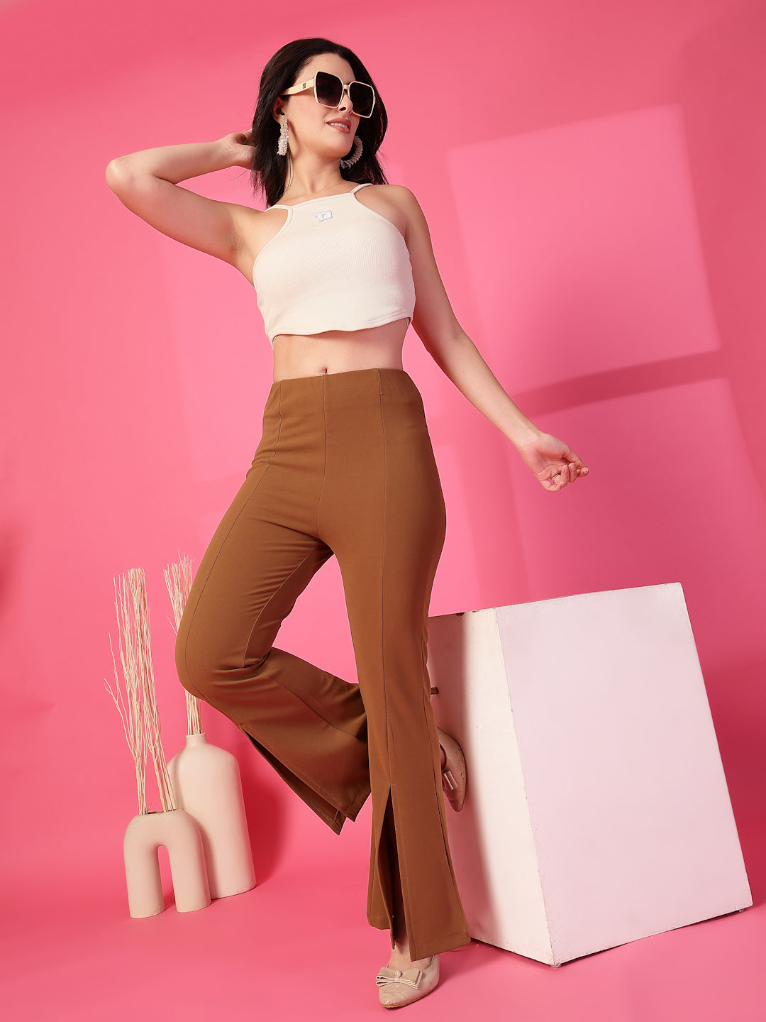 Brown Solid Pleated Trouser