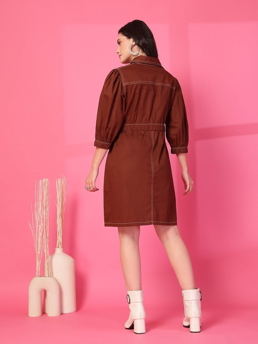 Brown Solid Shirt Collared mini dress