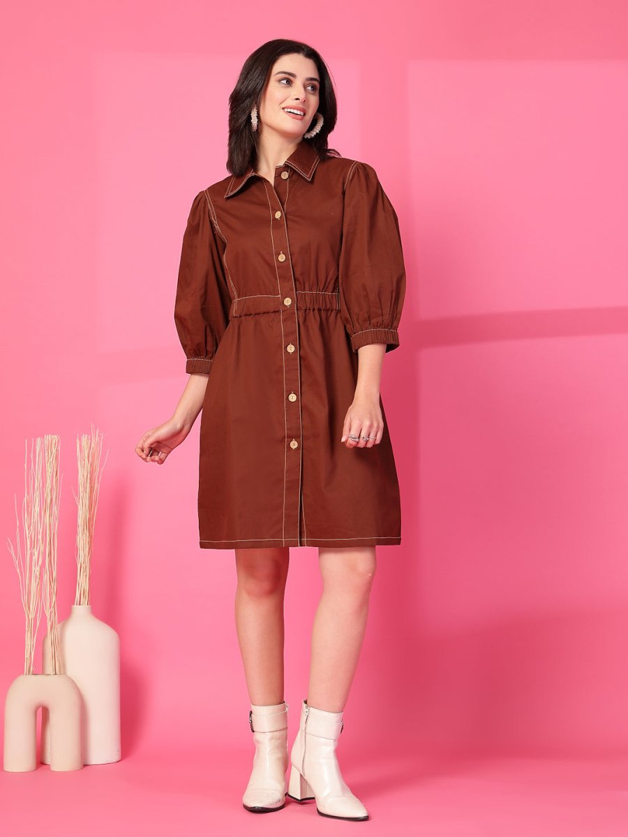 Brown Solid Shirt Collared mini dress