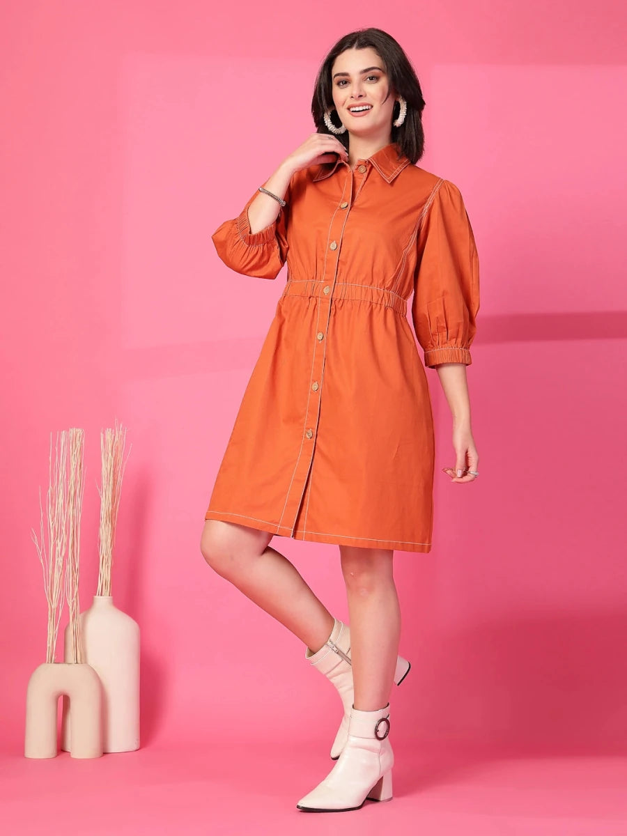 Orange Solid Shirt Collared mini dress