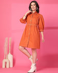 Orange Solid Shirt Collared mini dress