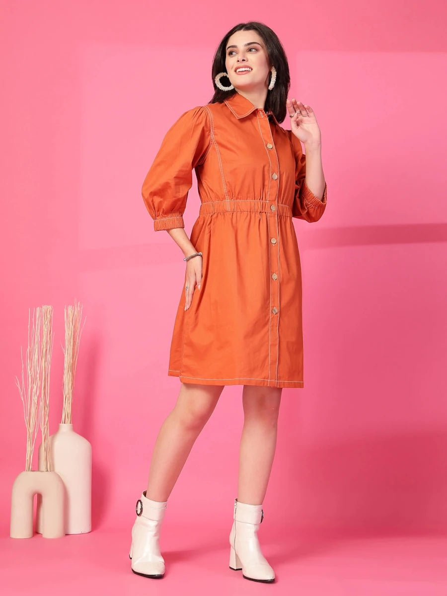 Orange Solid Shirt Collared mini dress