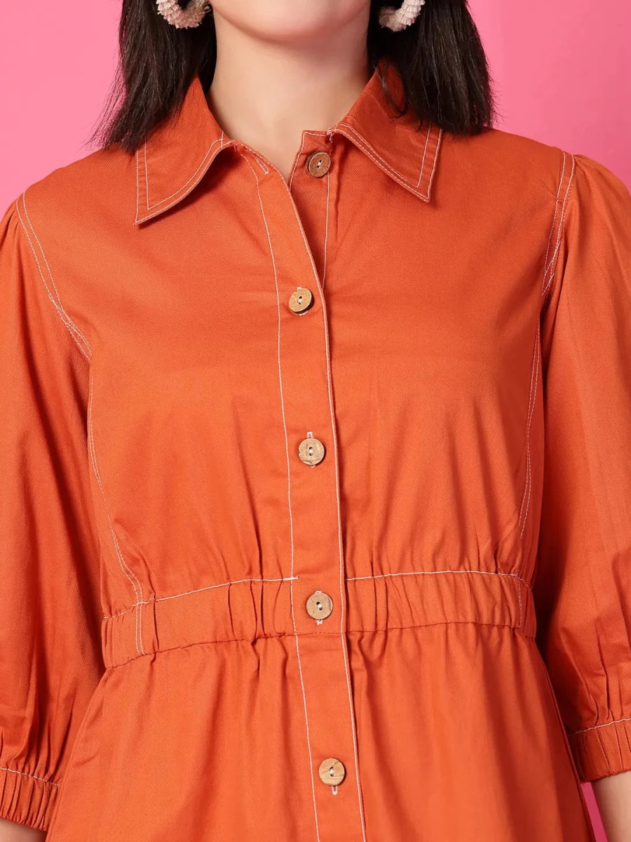 Orange Solid Shirt Collared mini dress