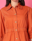 Orange Solid Shirt Collared mini dress