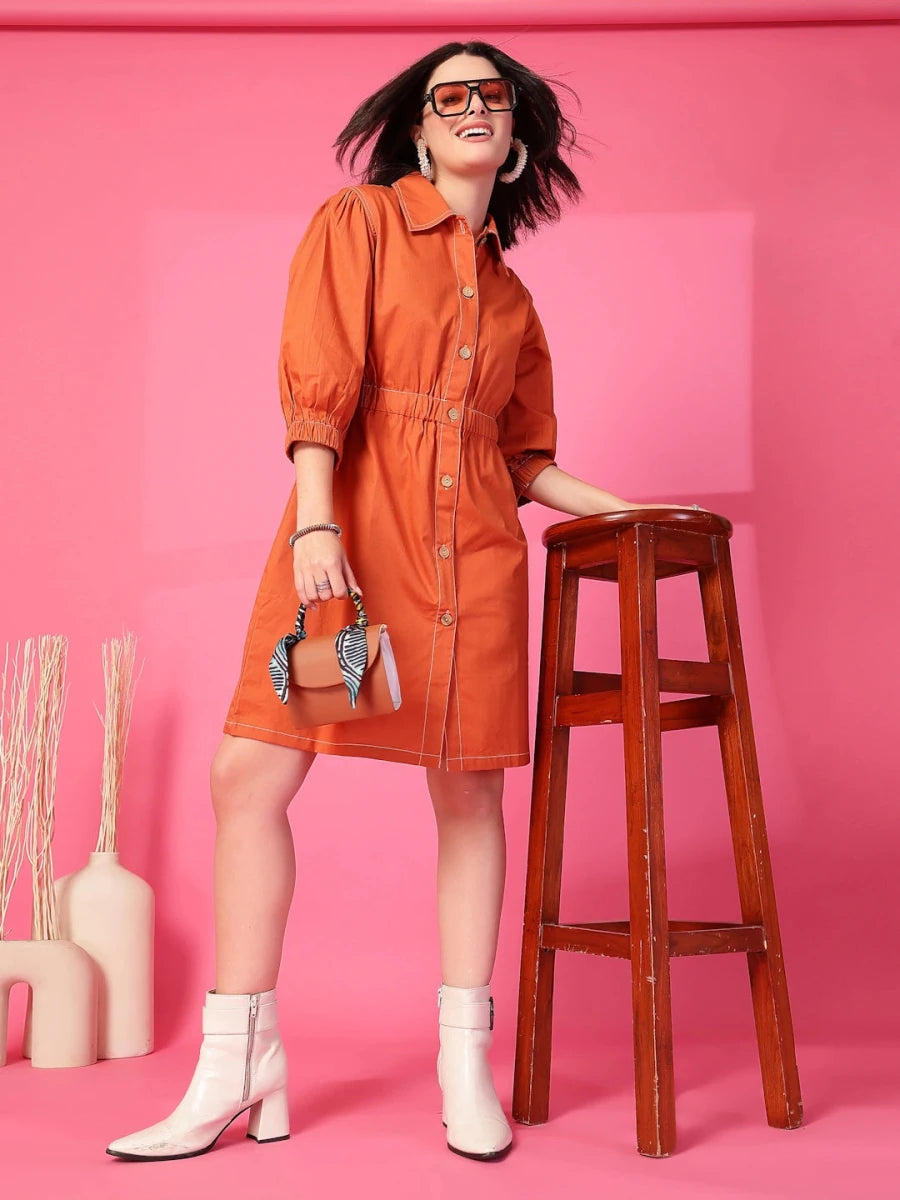 Orange Solid Shirt Collared mini dress