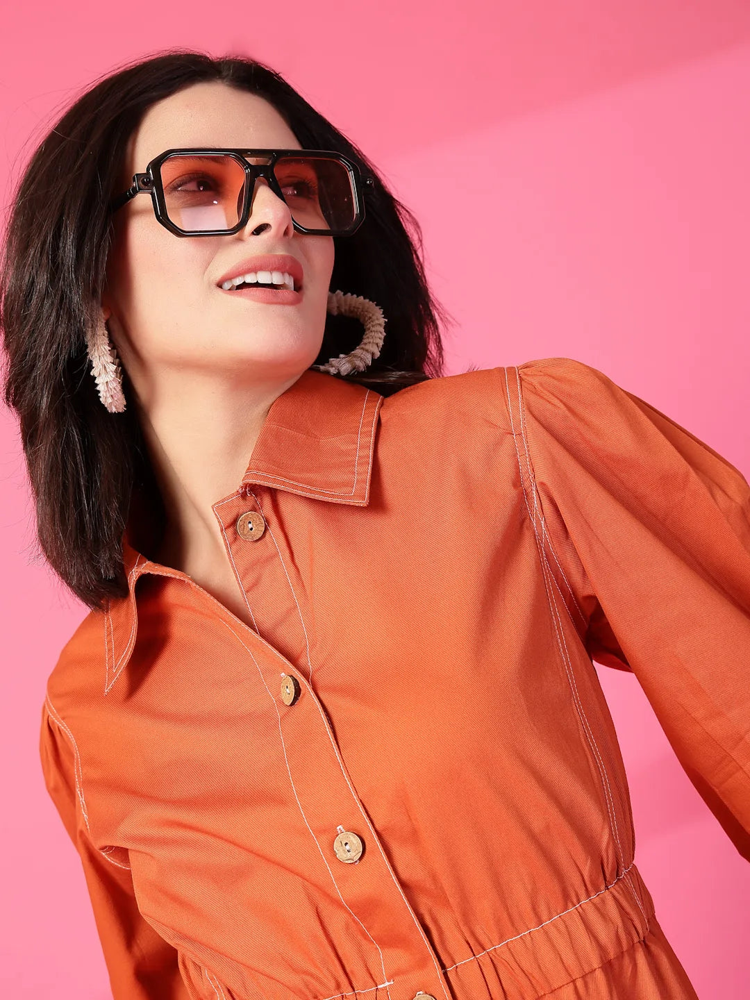 Orange Solid Shirt Collared mini dress