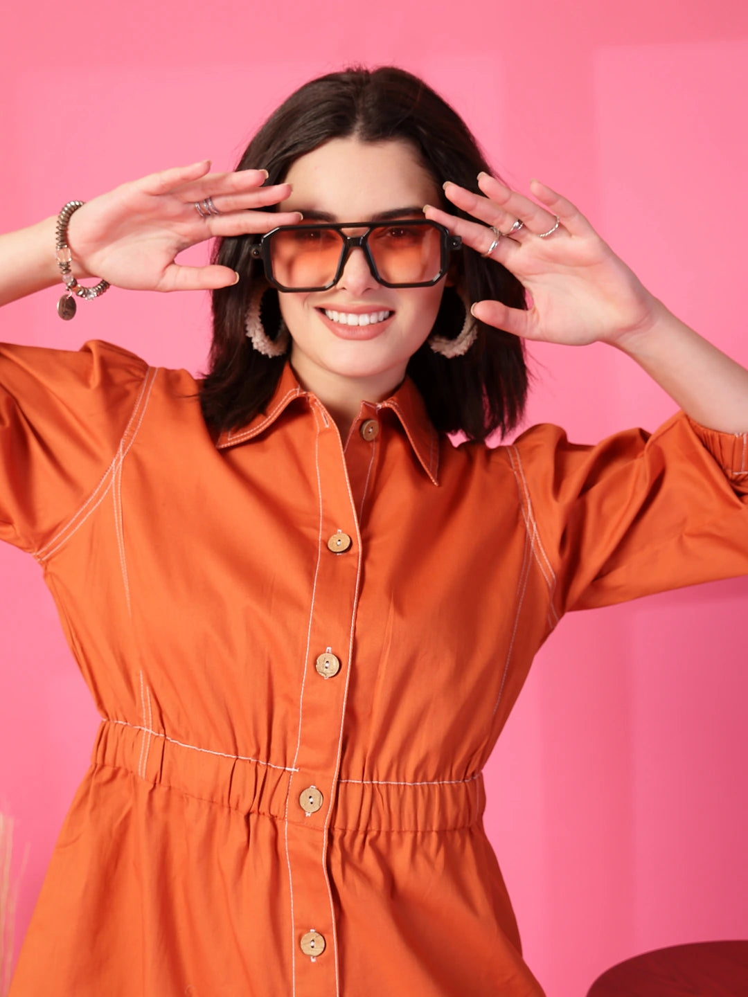 Orange Solid Shirt Collared mini dress