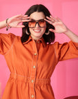 Orange Solid Shirt Collared mini dress