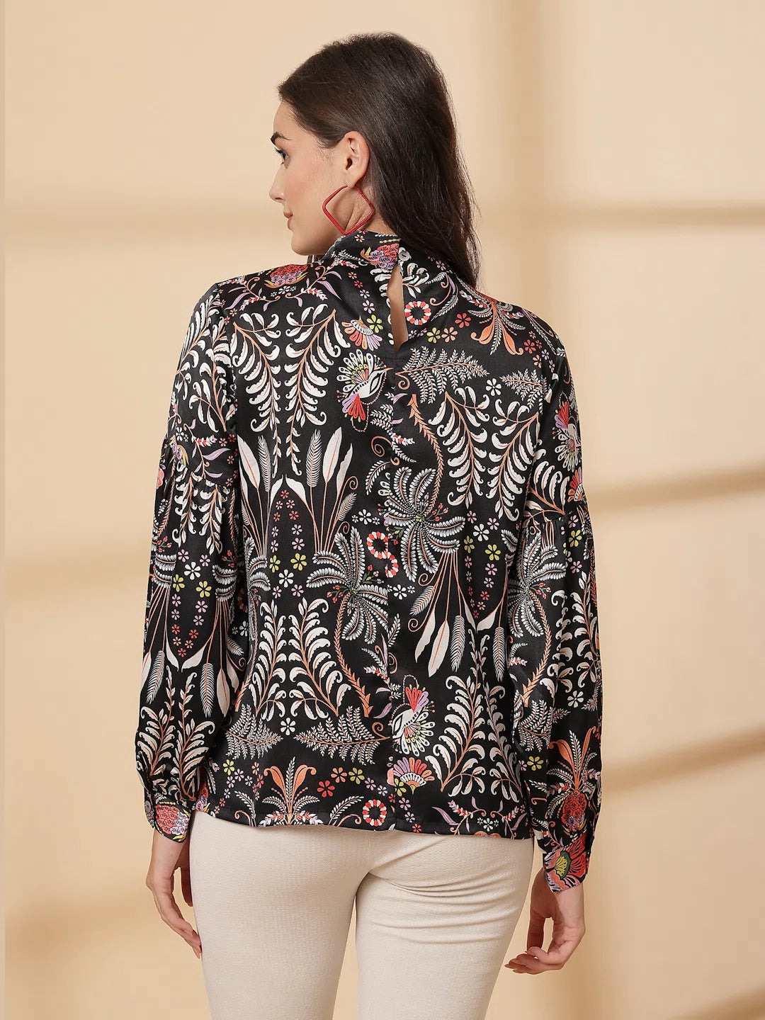 Brown Floral Print Shirt Style Top