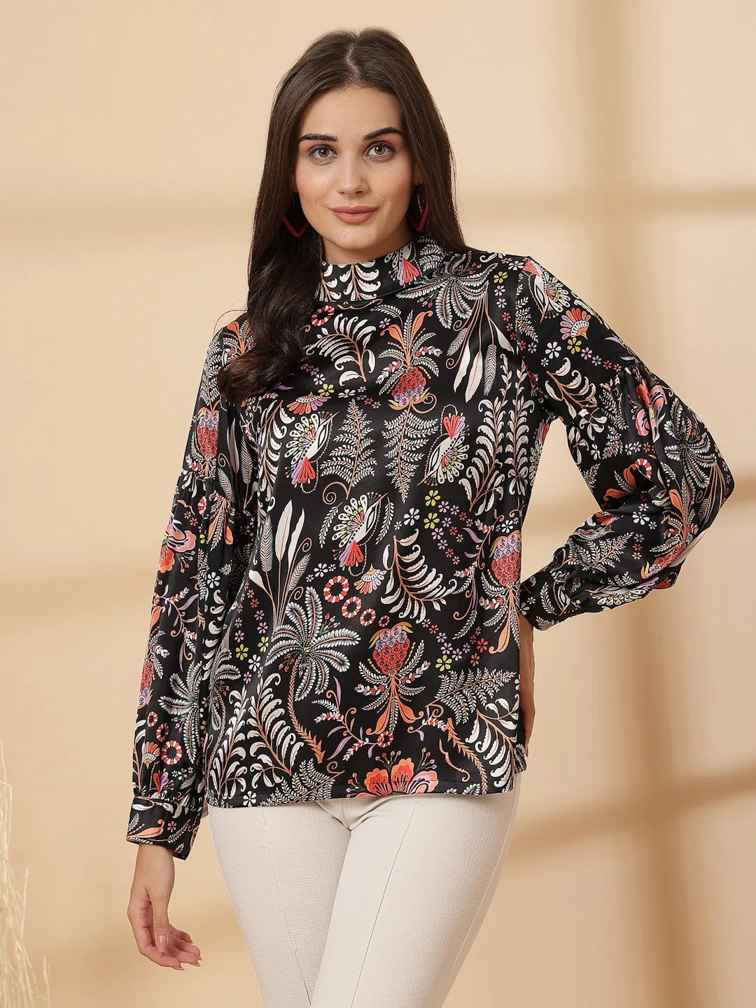 Brown Floral Print Shirt Style Top