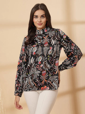 Brown Floral Print Shirt Style Top