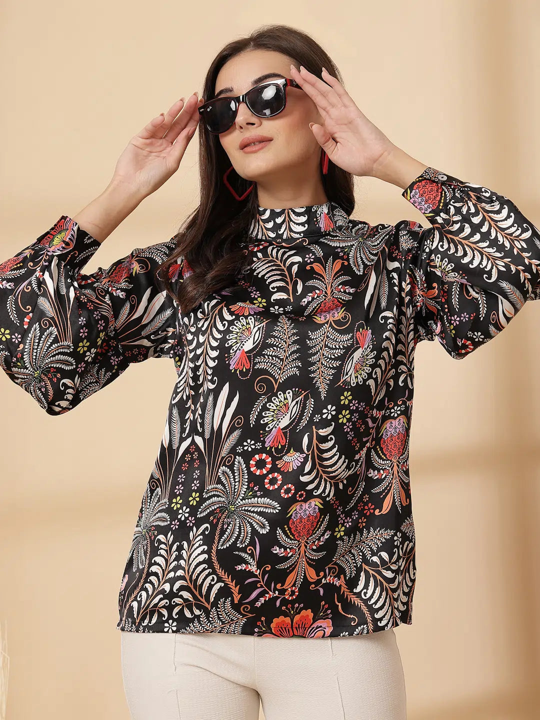 Brown Floral Print Shirt Style Top
