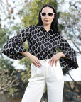 Black Spread Collar Animal Printed Casual Shirt