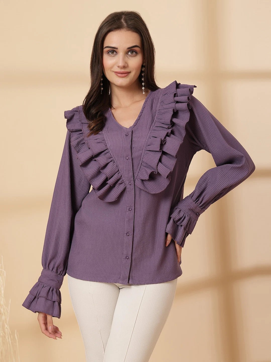 Purple Women Opaque Casual Buttoned Top
