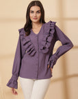 Purple Women Opaque Casual Buttoned Top