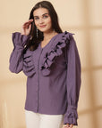 Purple Women Opaque Casual Buttoned Top