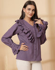Purple Women Opaque Casual Buttoned Top