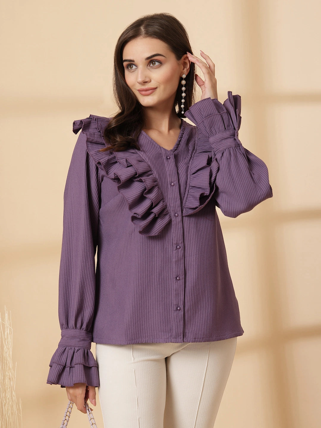 Purple Women Opaque Casual Buttoned Top