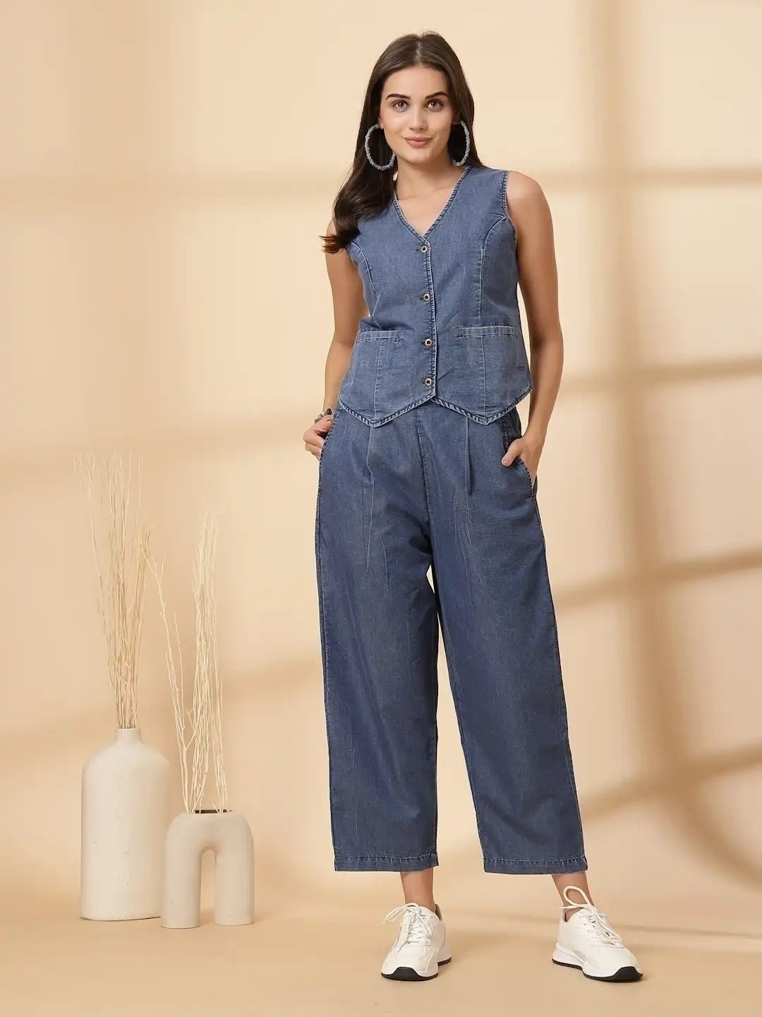 Blue Pure Cotton Top With Trouser Co-Ords