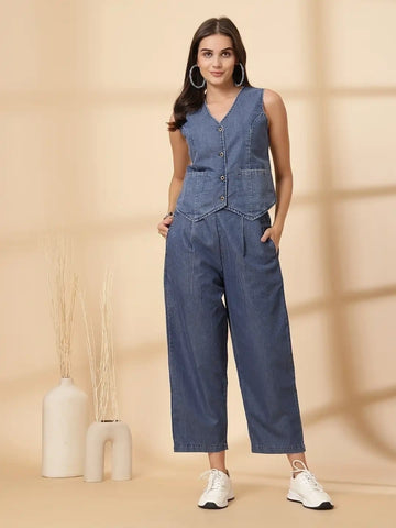 Blue Pure Cotton Top With Trouser Co-Ords