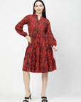 Print Puff Sleeve Fit & Flare Dress