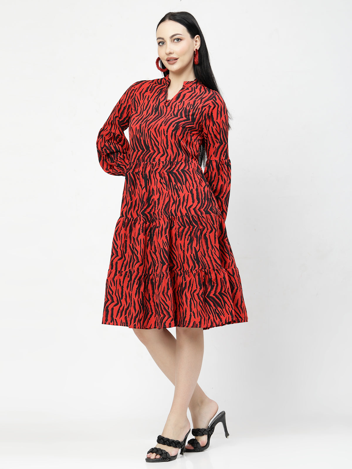 Print Puff Sleeve Fit &amp; Flare Dress