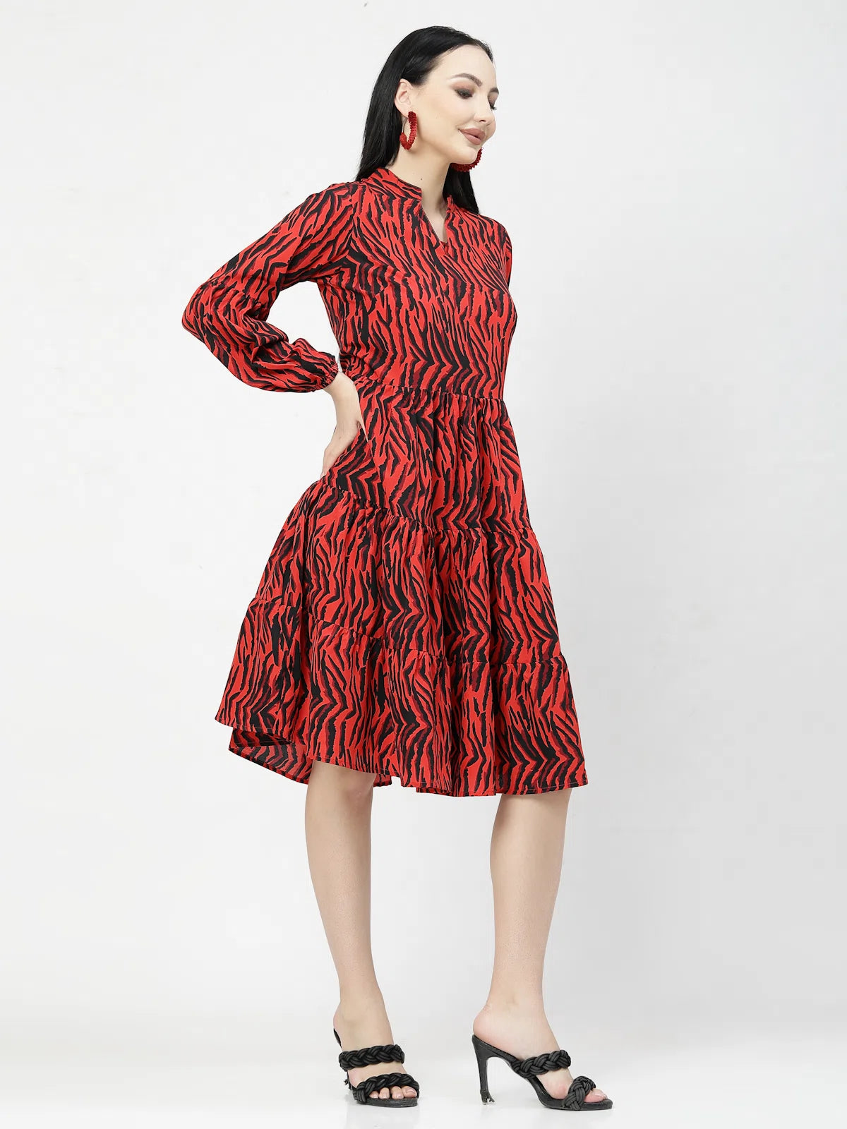 Print Puff Sleeve Fit &amp; Flare Dress