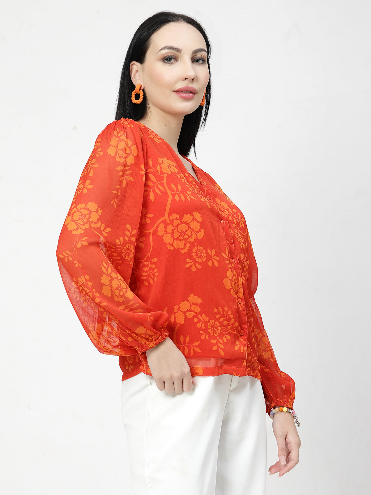 Women Floral Opaque Printed Casual Buttoned Top
