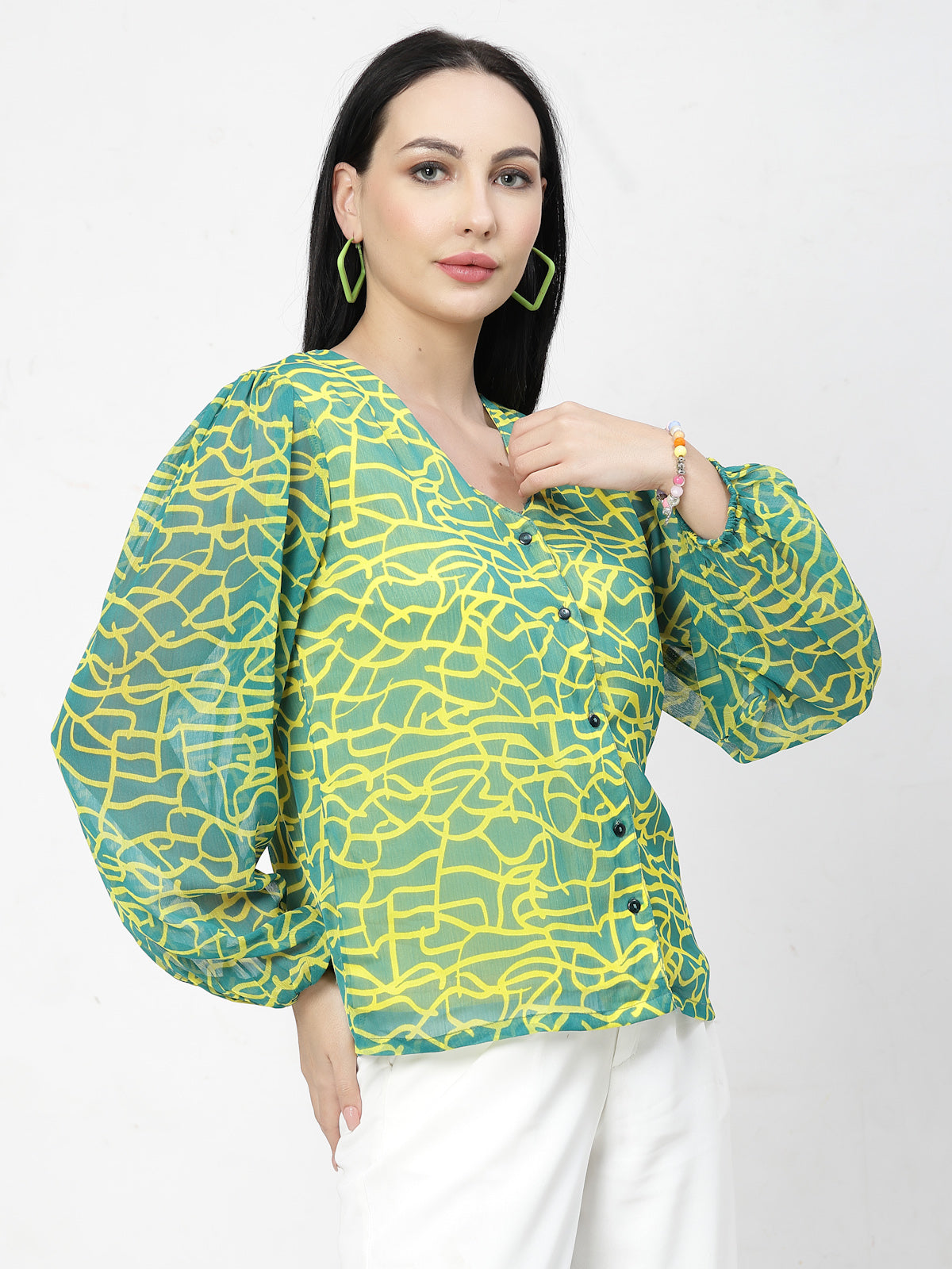 Women Opaque Printed Casual Buttoned Top